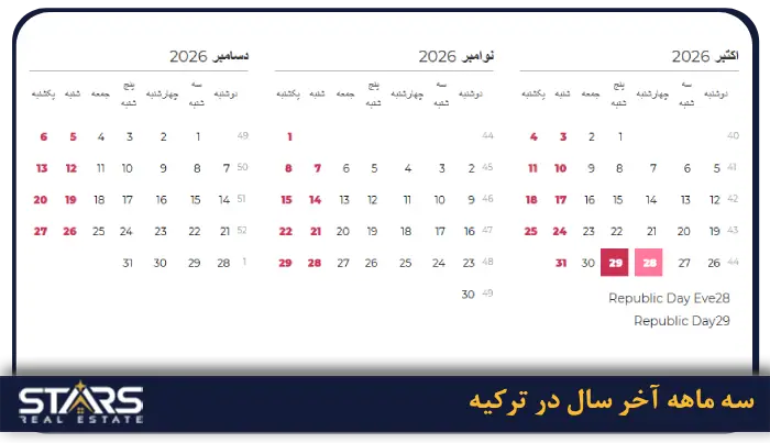 تقویم ترکیه 2026 | راهنمای کامل ماه ها و مناسبت ها 4 سه ماهه آخر سال