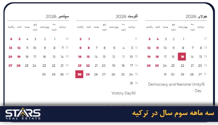 تقویم ترکیه 2026 | راهنمای کامل ماه ها و مناسبت ها 3 سه ماهه سوم در تقویم ترکیه